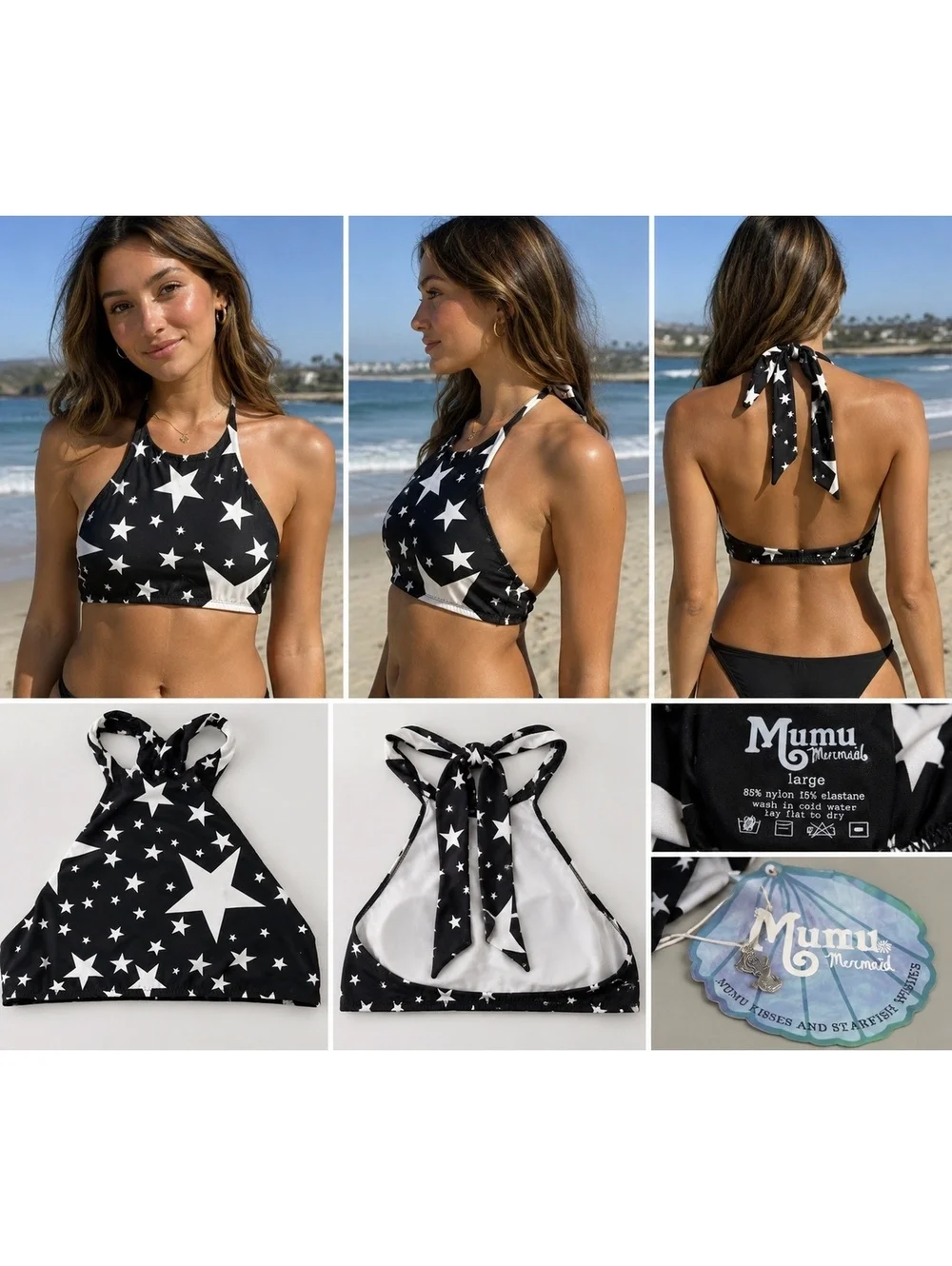 117. NWT! MuMu Mermaid•Star Print Halter Bikini Top•Black & White•LARGE
